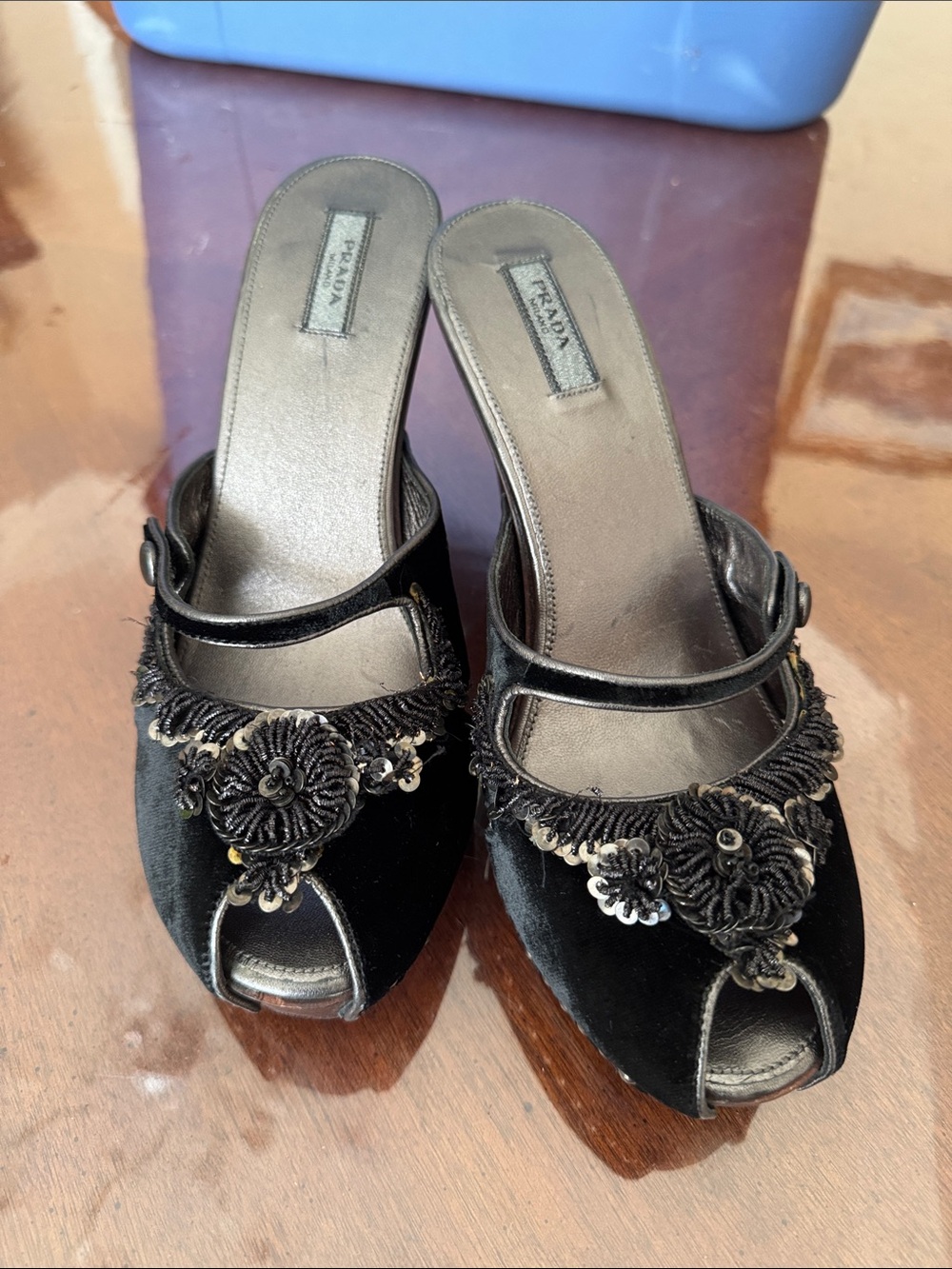 Prada Black Velvet Embellished Peep-Toe Wedge Mules